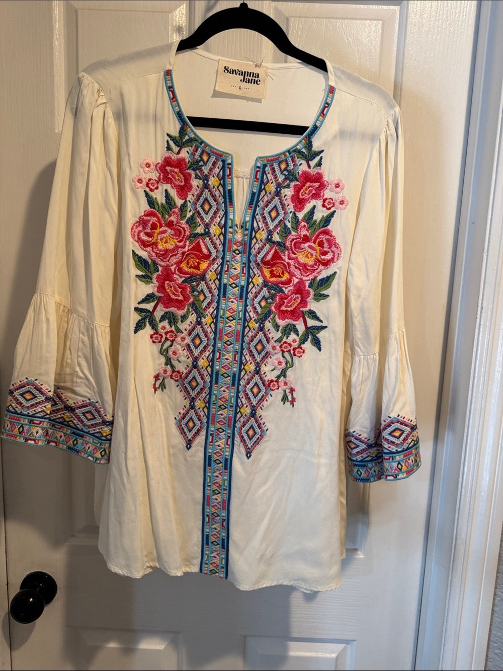 Savanna Jane Cream Tunic with Pink & Blue Floral Embroidery